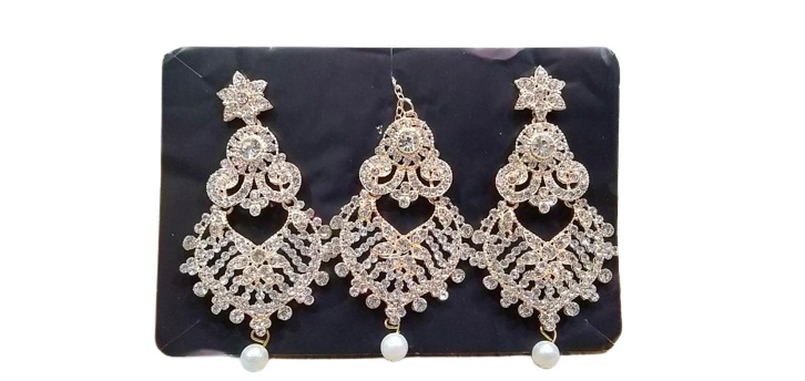 Silver Polish Diamond Earring With Maang Tikka