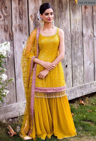 Yellow Heavy Gorgette  sharara suit